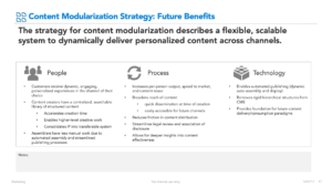 Slide outlining the people, process and technology benefits of modularized content